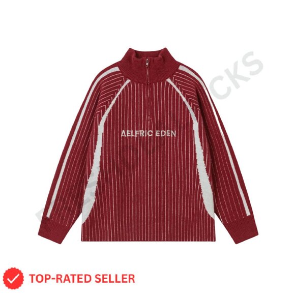Vintage Striped Quarter Zip Sweater Y2K Retro Drop Shoulder Pullover
